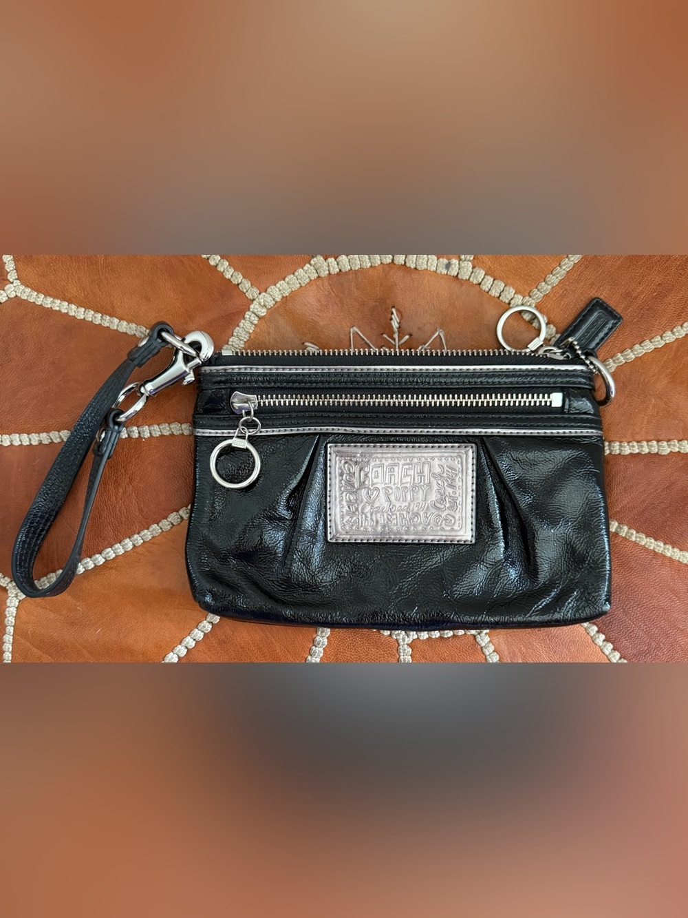 Coach Black Poppy Leather Wristlet